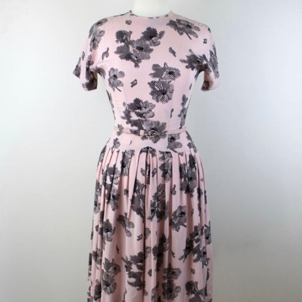 Vintage 1950s Cotton, rayon, drop waist, floral, novelty print, dress